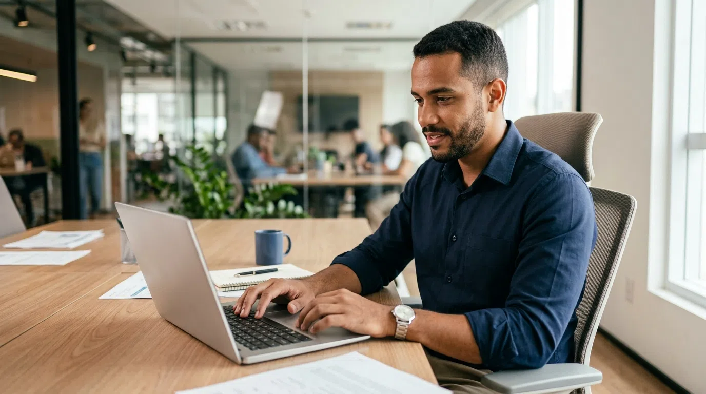 Profissional de serviços trabalhando em notebook