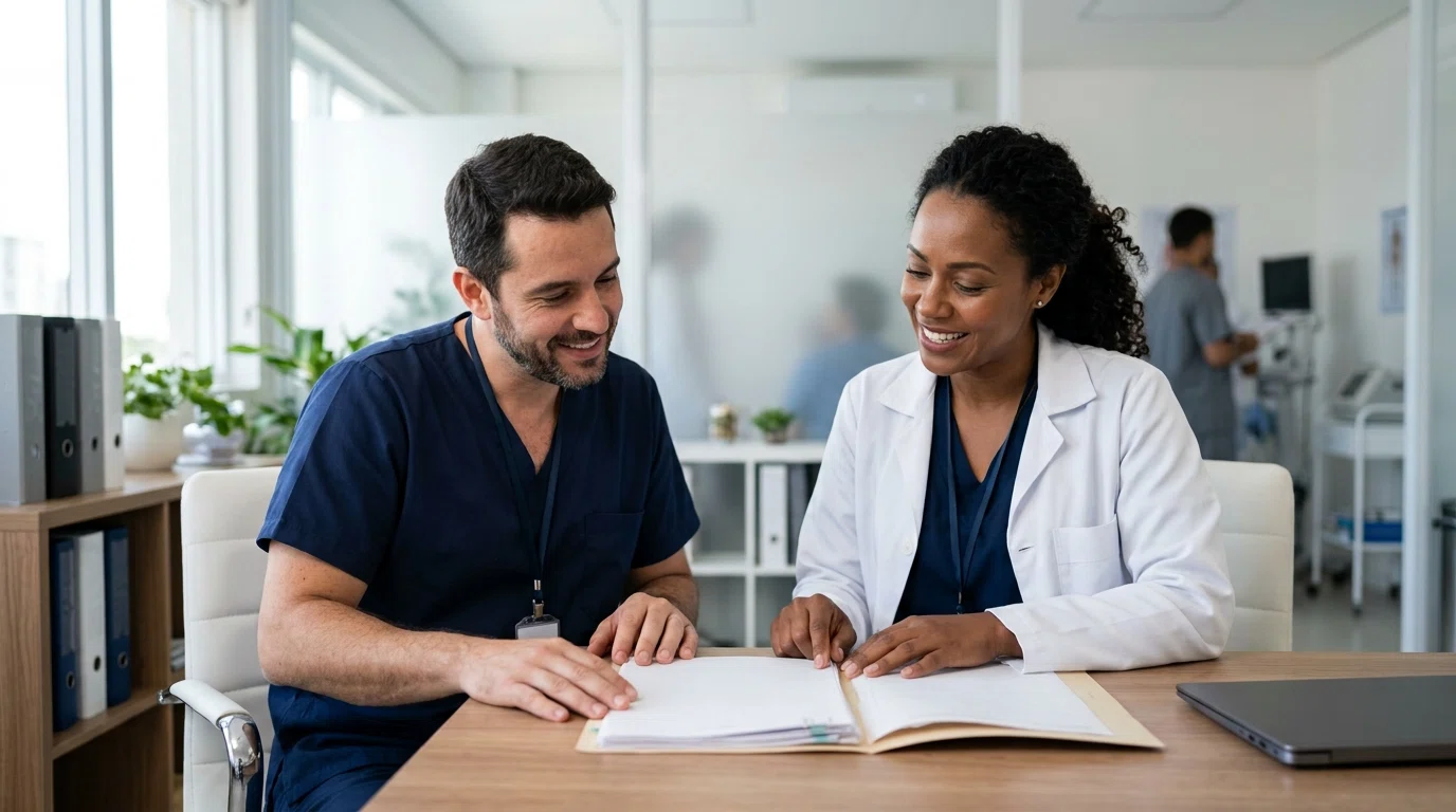 Médico e enfermeira em consultório revisando contabilidade da clínica