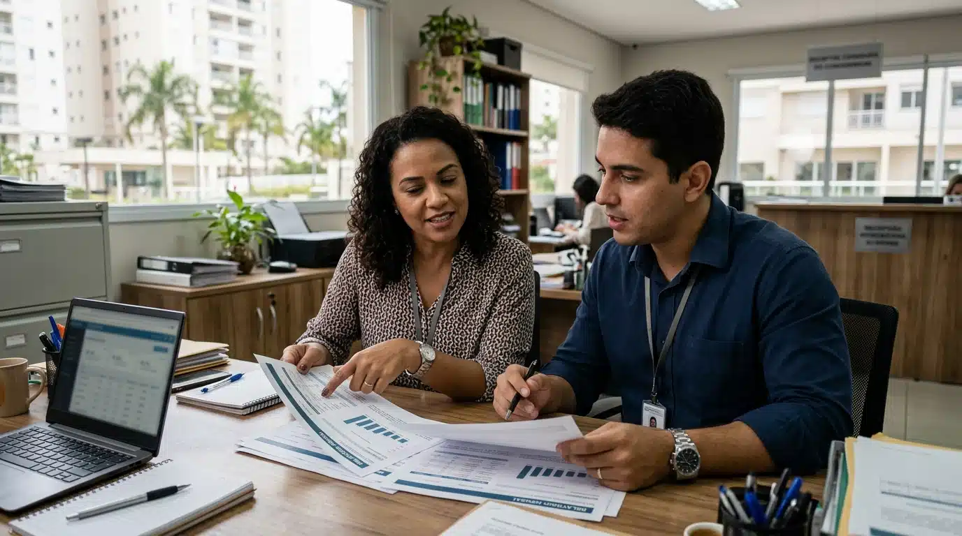 Equipe analisando relatório de prestação de contas de condomínio