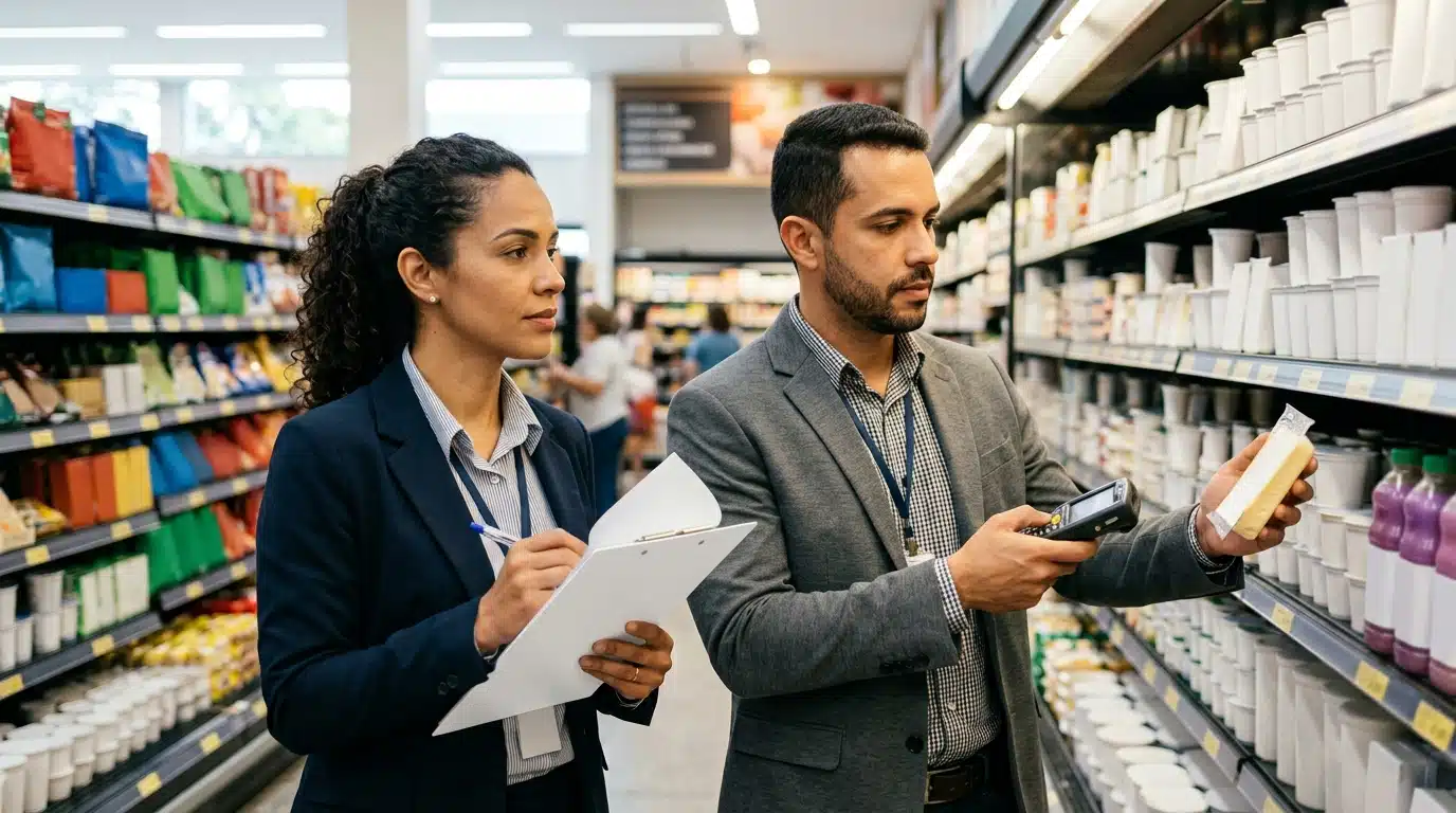 Profissionais analisando produtos em corredor de supermercado
